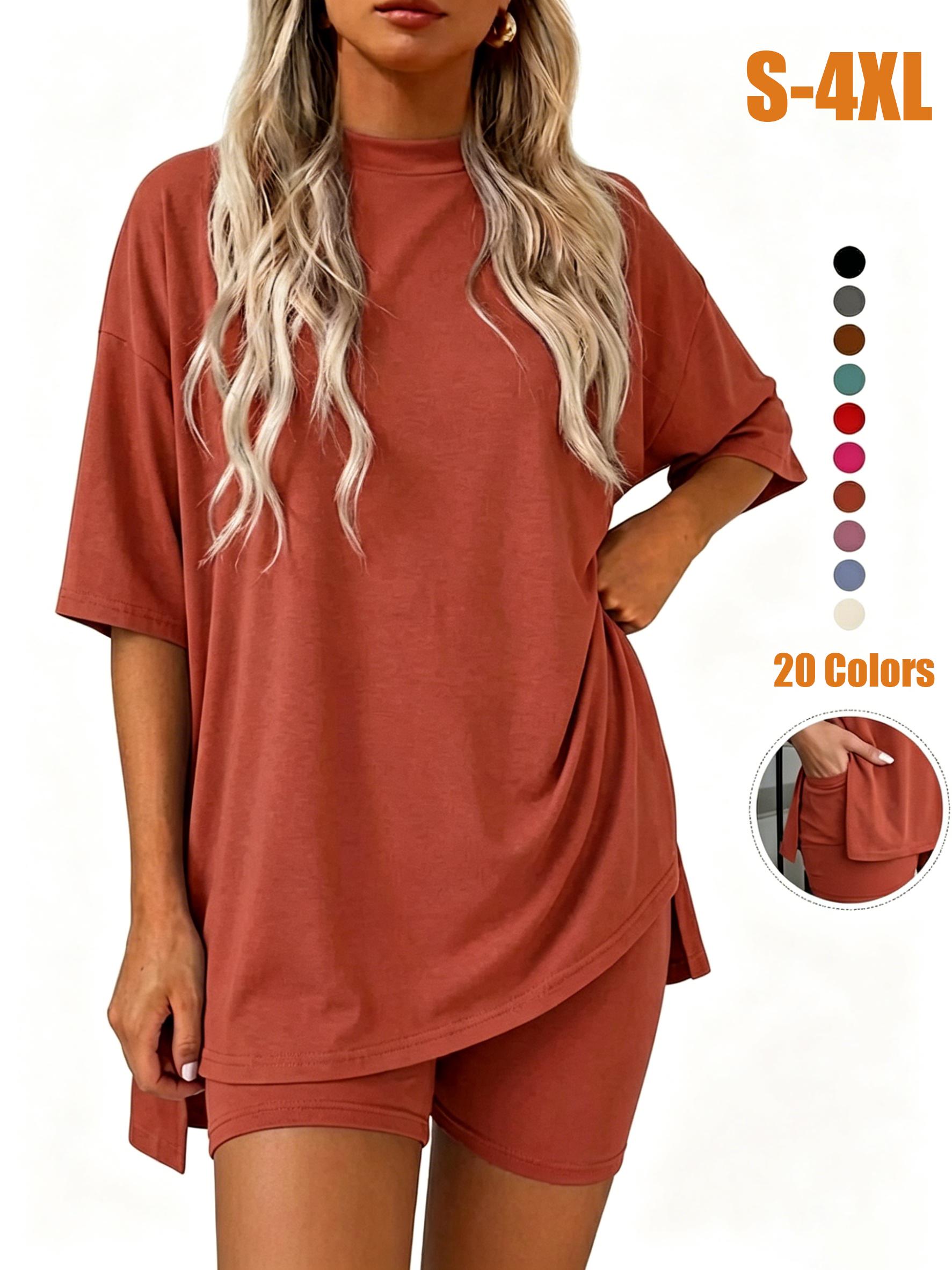 Crewneck Two-Piece Set For Women Summer Casual Oversized Split Hem Shirts & Side Pocket Biker Shorts Minimalist Lounge Wear Soft Viscose Fabric Comfy Homewear Cozy Pjs#Summervibes#SwimWeek