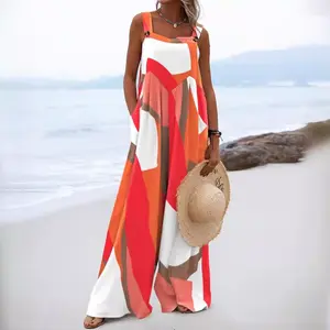Women's Patchwork Dual Pocket Jumpsuit Loose Floral Print Bohemian Wide Leg Bib Overall