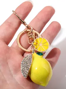 Sparkling diamond leaf lemon yellow shape keychain pendant, metal hanging ring fruit pendant, small and exquisite simulation fruit cute diamond fruit small lemon fashion keychain bag pendant car key chain Rhinestone Keychain