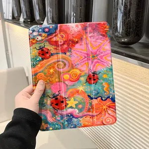 Creative and fashionable insect-painted colorful element anti-drop tablet case, with pen slot and foldable design,Suitable for iPad Mini, Air, Pro 4,5,6,7(2017,2018,2019,2020,2021,2022,2023,2024,2025 models),and Samsung S6,7,8,9,10FE + A7 LTE tablet cases