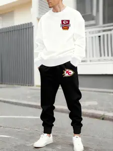 Men's Super Bowl Chiefs Fan Card Letter Ck Arrow Graphic Set, Casual Round Neck Long Sleeve Hoodie & Pants, Spring & Fall Comfort Wear