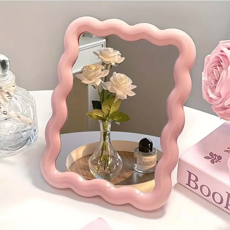Wavy Cream Makeup Rectangle Mirror HD Vanity Surface Freestanding Wall Mounted Dual Use Decor Mirror for Dorm Home Office Decorative Mirror