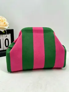 Pink and Green Striped Fabric Makeup Bag, Shell Shaped Cosmetic Clutch, Portable Zippered Toiletry Organizer, Multi-Purpose Pouch for Women, Ideal for Daily Use & Travel