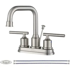 Centerset Bathroom Faucet Brushed Nickel: 4 Inch Bathroom Sink Faucets with Lift Rod Drain Assembly Vanity Faucet 2 Handle High Arc Bathroom Taps Modern