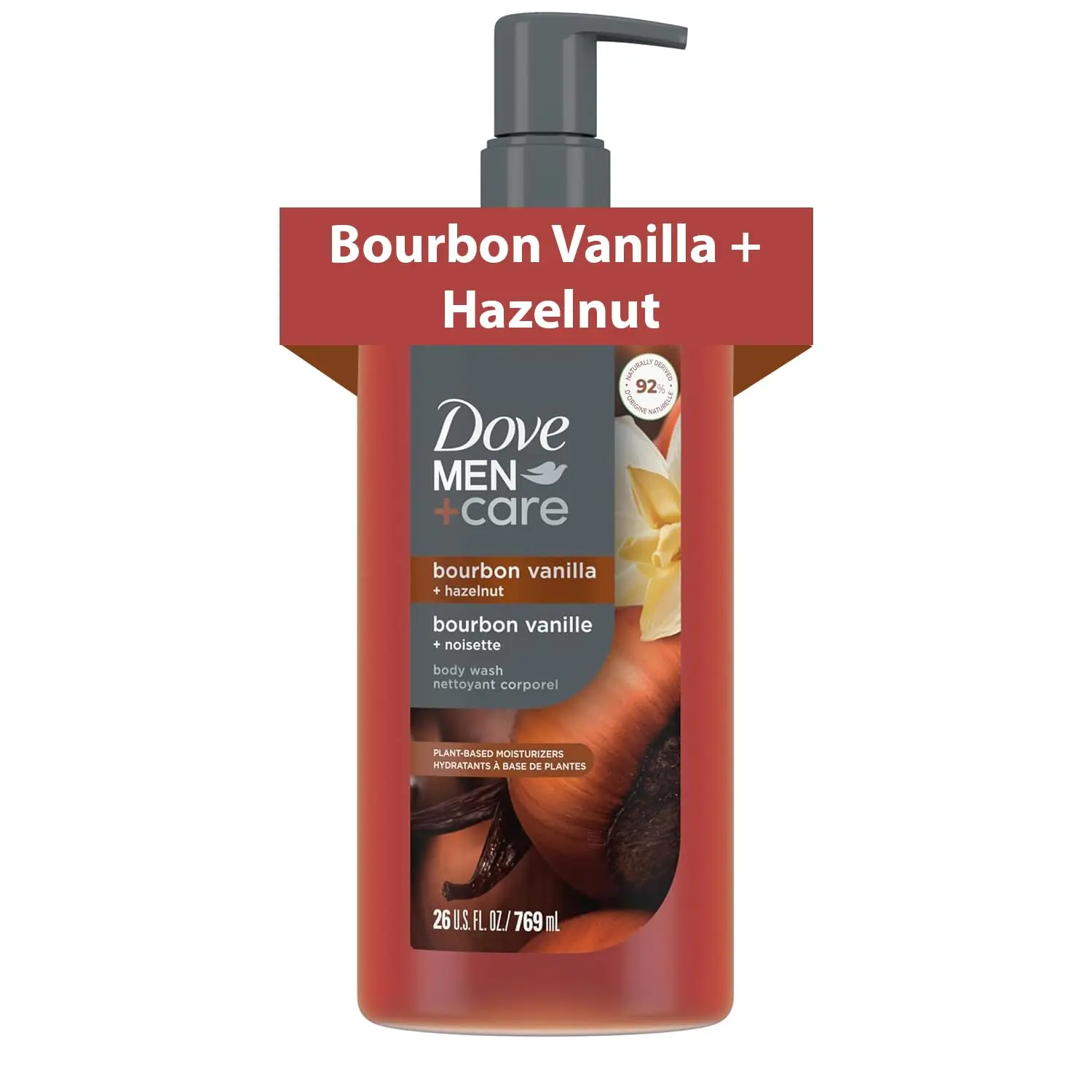 Dove Men Moisturizing Body Wash, Bourbon Vanilla + Hazelnut, 26 oz | Helps Nourish and Hydrate Skin, With Plant-Based Moisturizers, For Daily Showers