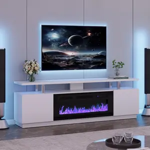 Fireplace TV Stand for TVs Up to 80", 70" Modern White Entertainment Center with 36" Electric Fireplace,LED Lights, Storage Cabinets and Open Shelves