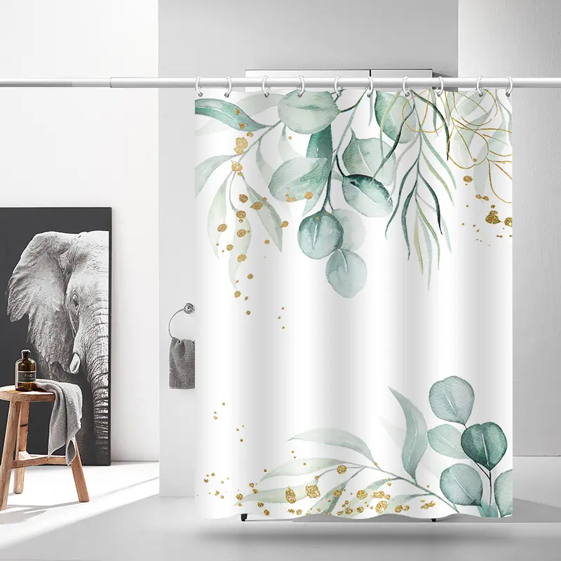 Botanical Eucalyptus Leaf Print Shower Curtain - Neutral-Tone Waterproof Polyester, Gold Accents, Straight Rod Compatible, Farmhouse Style, Included Hooks, Ideal for Modern Bathrooms, Shower Stall Curtain
