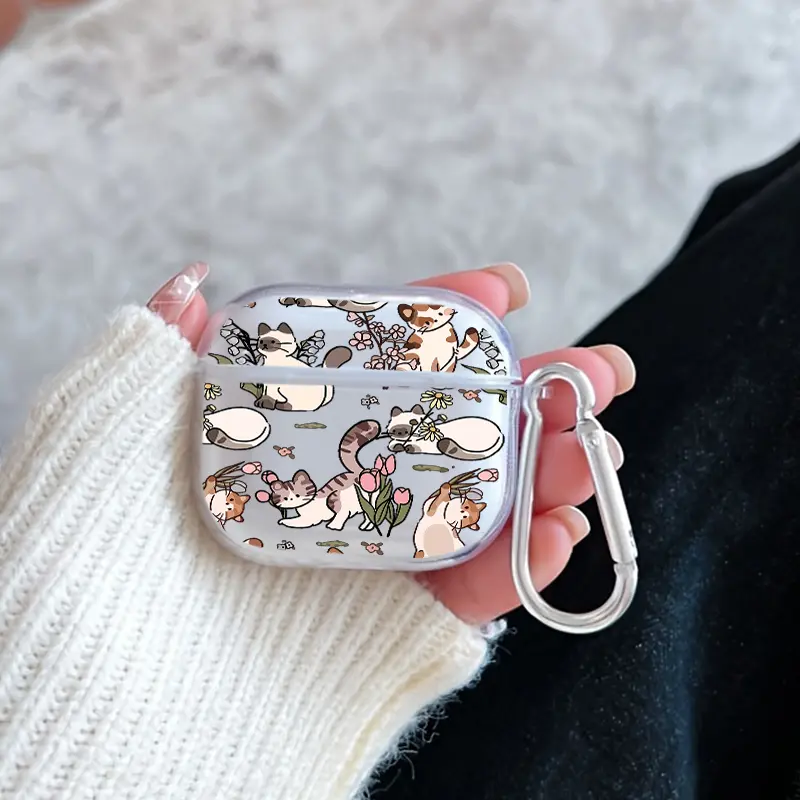 Garden Cat Pattern Protective Case for AirPods 4/3/2/1/Pro/Pro2 Soft TPU Earphone Cover, Transparent with Keychain