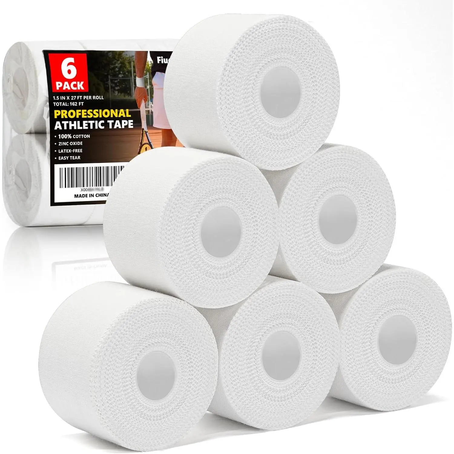 Professional 6 Pack White Athletic Sports Tape - 1.5 Inch * 27 Feet Per Roll| Total 162 Feet, Very Strong Easy Tear No Sticky Residue Wrist Ankle Tape for Football Climbing Soccer Gymnastics Injuries