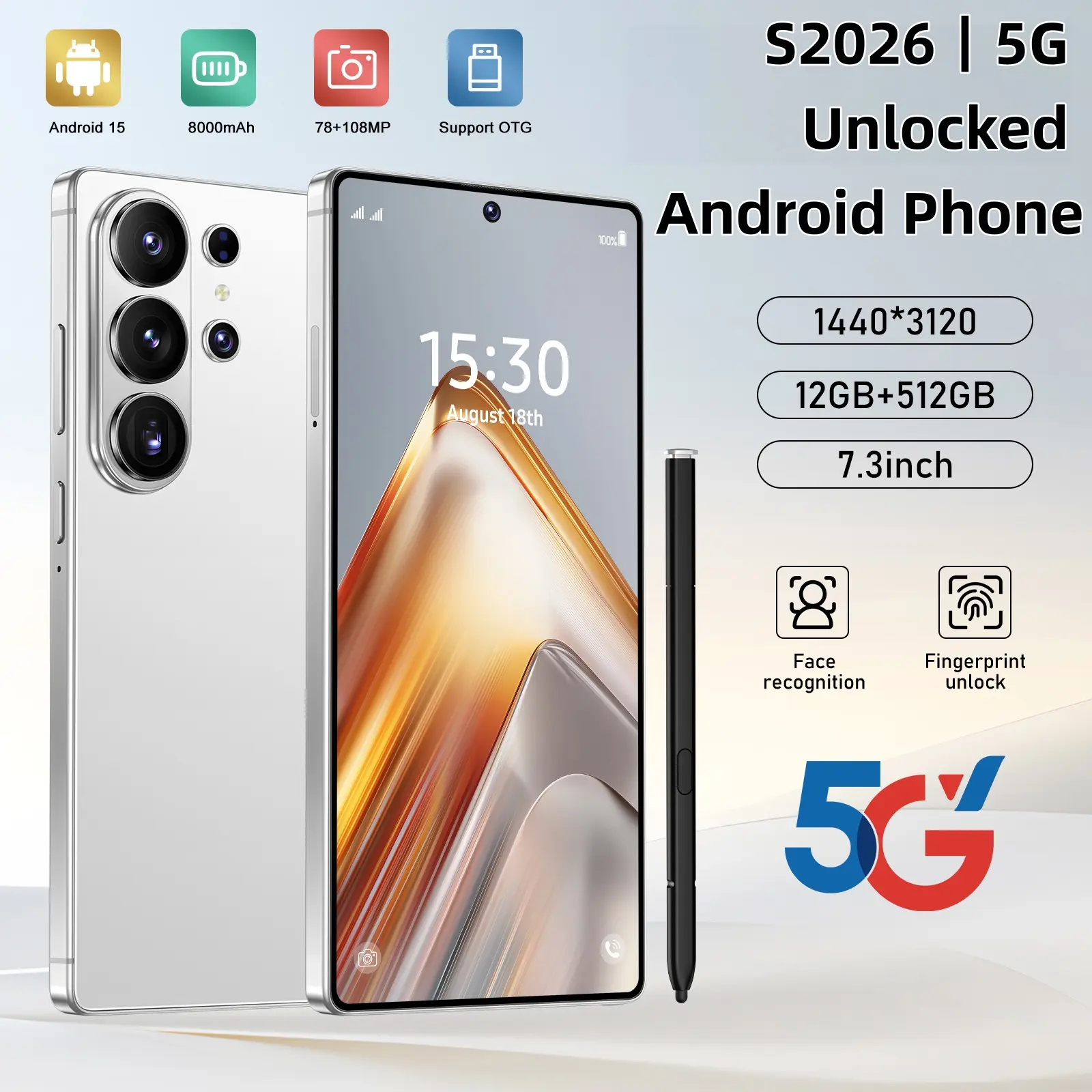 Global Unlocked S2026 5G Smartphone, Android 15, 12GB RAM 512GB Storage, 1440*3120 HD Display, 78MP+108MP Cameras, 8000mAh Battery, OTG Compatibility, Full Accessories, Ideal for Gifting