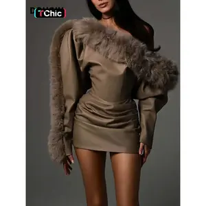 Cocktail Party Social Intellectual Elegant Mature Beautiful Sexy Dating Formal Wear Women'S Retro Matte Pu Leather Short Stitching Plush Hip Dress