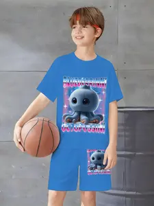 Adorable Blue Squid 3D Printed Kids Short Sleeve Shorts Set, Summer Breathable Sweat-Absorbing Casual Sports for Boys
