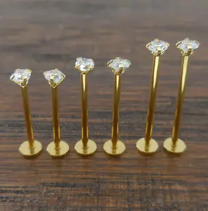 Cheek Piercings Pair Dimple Maker Prong Set 3mm Clear Crystal CZ 16G 14mm, 16mm, 19mm Gold Titanium Anodized Internally Threaded Rings