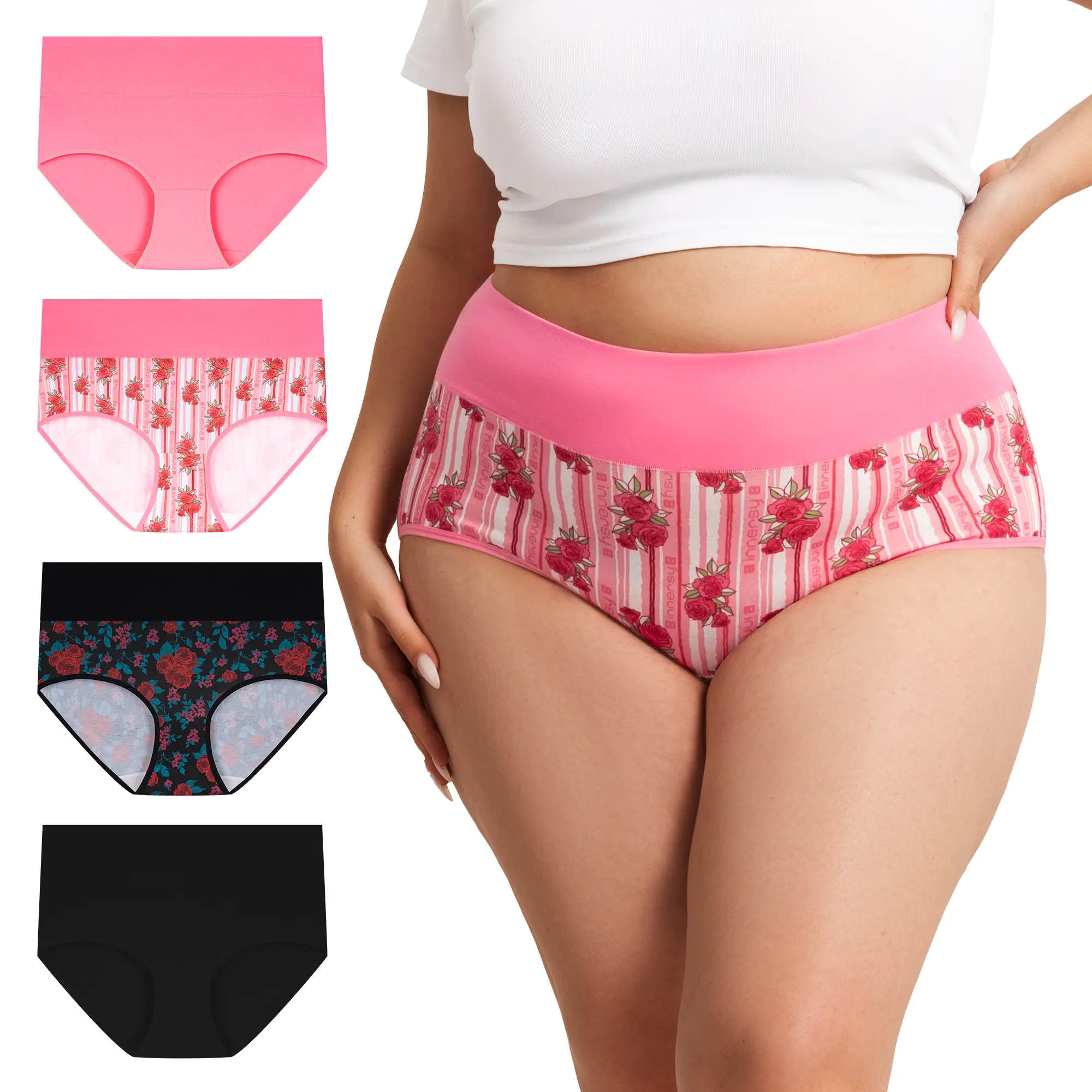 INNERSY Women's Plus Size XL-6XL High Waisted Cotton Underwear 4-Pack, Soft & Comfortable Full Coverage Briefs, Breathable Stretchy Fabric for Everyday Wear & All-Day Comfort