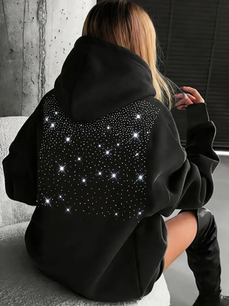 2026 New Arrival Women’s Trendy Zip-Up Hoodie, Single Piece, Loose Fit, Y2K Style Sweatshirt with a subtle shimmer texture from fine glitter flecks that gives it a sparkling glow, street style