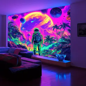 Interstellar Astronaut Tapestry - UV Reactive Polyester Party Backdrop, Glow in the Dark Space Adventure Wall Hanging, Summer Holiday Decor, No Electricity Needed