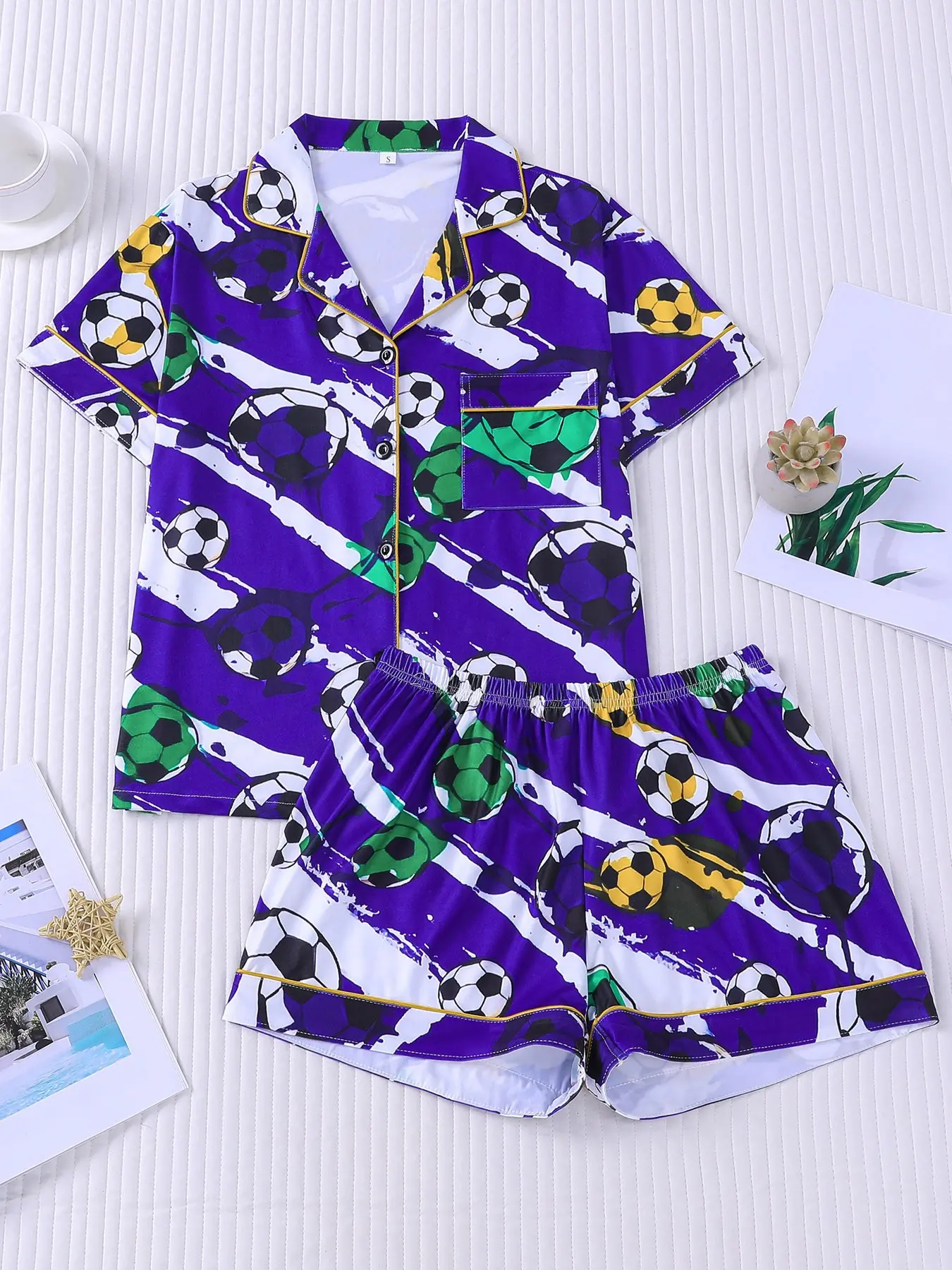 2 Piece Women's Soccer Print Collared Short Sleeve Pajama Set Pjs, Purple White Colorblock Sporty Chic Loungewear, Button Down Top with Pocket, Elastic Waist Soft Comfy Sleepwear for All Season Home Daily Wear