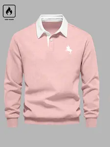 Men's Winter Casual Aesthetic Fitted Collared Kint Fabric Sweatshirt, Thick Warm Long Sleeve Top for Autumn & Winter Seasons, Stylish Daily Wear