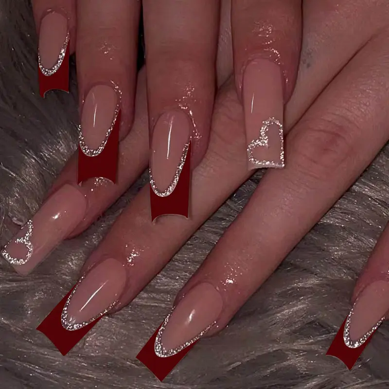 24pcs French Heart Acrylic Press-On French Tips Nails Set, Includes Jelly Glue & Nail File, Easy Wear, Perfect for Parties, Dancing, Daily Use
