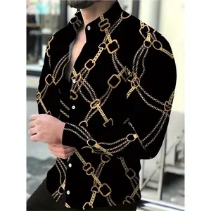 Men’s Long-Sleeve Button-Up Shirt with Golden Chain Print for Spring and Autumn, Suitable for Parties and Banquets