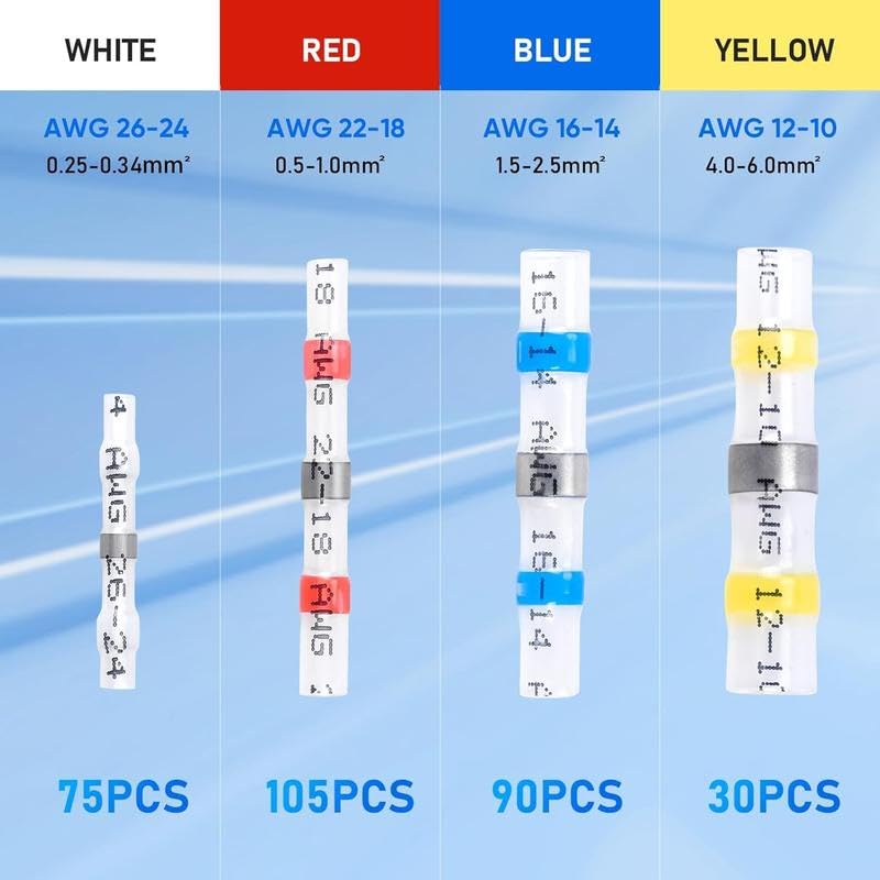 300PCS Solder Seal Wire Connectors, Heat Shrink Butt Connectors, Waterproof and Insulated Electrical Wire Terminals, Butt Splice