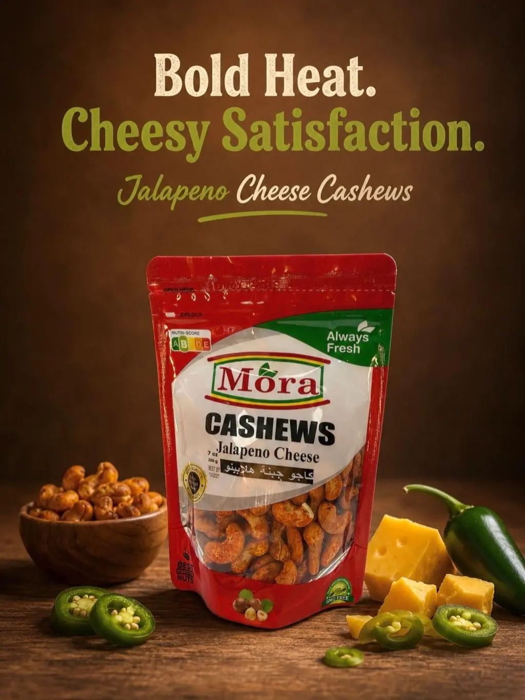 Mora Jalapeno Cheese Daily Fresh Roasted Cashews, Gourmet Snack Nuts for Daily Enjoyment