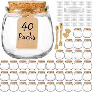 40 Pack Small Glass Jars with Cork , 7oz Empty Mason Jars for Making Candles, Yogurt Container with PE  for Wedding Favors,  Shower, Candy, Spices with Twine, Labels