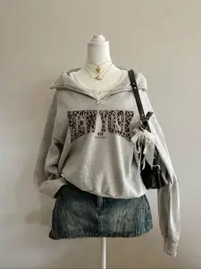 Women's Casual Loose Half-Zip Stand Collar Pullover, Leopard Print New York 1987 Pattern, Fall Winter Hoodie Sweatshirt for Outdoor Sports Party