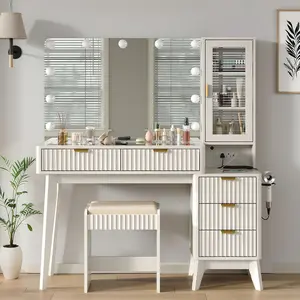 48" Fluted Vanity Desk w/ 11 - LED Mirror, 5 Drawers & Built - in Outlet | Modern Bedroom Setup  Makeup Desk for Bedroom