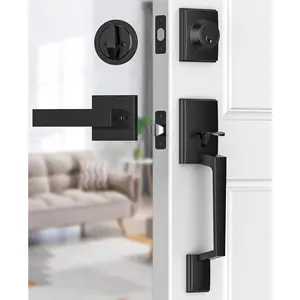 Black Front Door Handle, Matte Black Exterior Door Handle with Door Lever, Modern Front Door Lock Set, Adjustable Deadbolt with Single Cylinder, Reversible for Right&Left