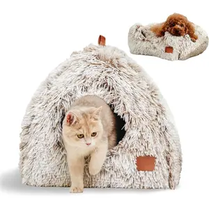 Cat Bed, Indoor Cat Cave, Soft Cat Dome, Self-Heating 2-in-1 Foldable Pet Cat House, with Washable Soft Pillow, Calming Fluffy Dog Bed, Suitable for Small Dogs, with Non-Slip Base, Brown