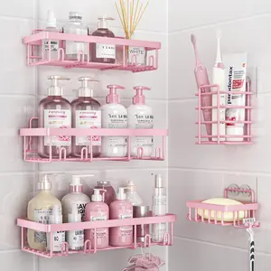 5 Piece Shower Caddy Adhesive Bathroom Organizer Shelves Wall Mounted Rustproof No Drilling Bath Storage Basket Set with Hooks