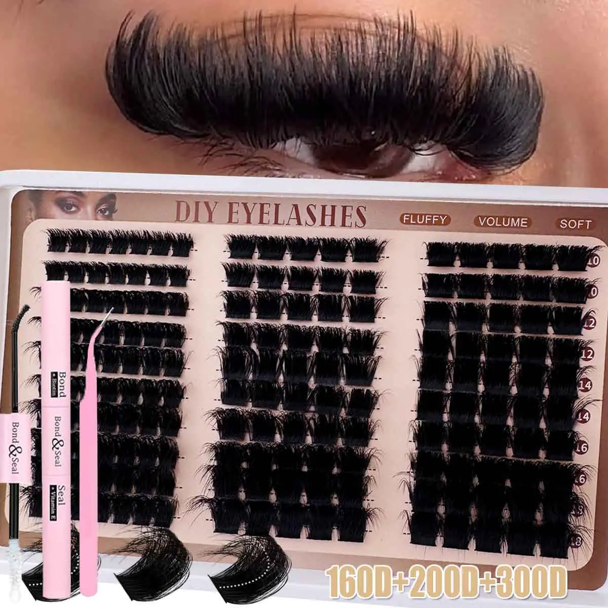 Russian Lash Extensions Set, Fluffy False Eyelashes, 3D Volume Fluffy D-Curl Eyelash Clusters, Multiple Sizes 10–18 mm, DIY Lashes for a Natural Look, Mixed Packs of 300/240/170 Pieces, Easy DIY Eyelashes
