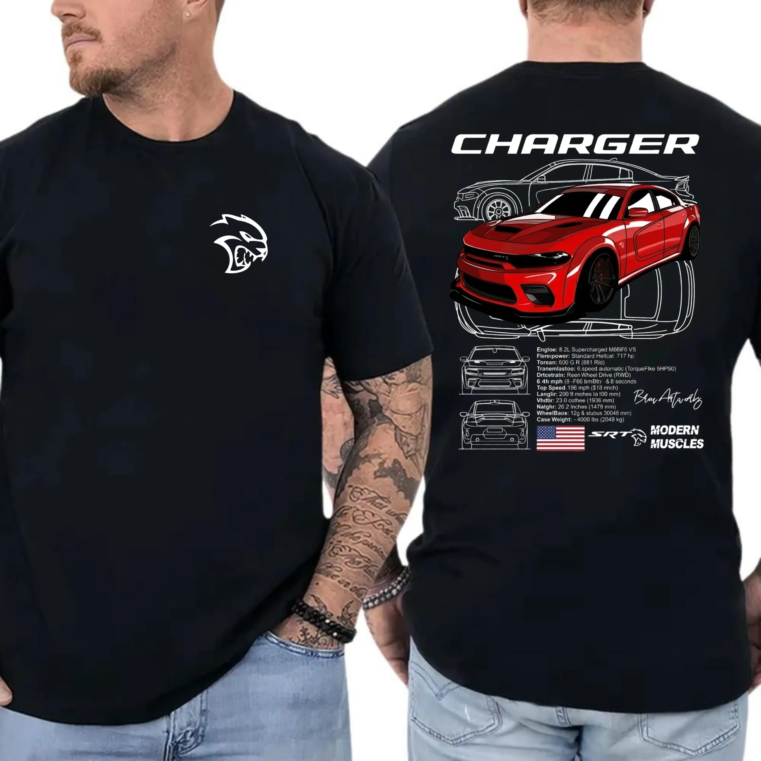 Dodge Charger SRT Hellcat Performance Muscle Car, 2 Sides, Supercharged 6.2L HEMI V8 Graphic Tee, Modern Muscles Car Enthusiast Shirt