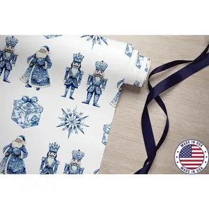 Chinoiserie Christmas Wrapping Paper Roll, Blue Christmas Gift Wrap, Nutcracker Wrapping Paper, Santa Gift Wrap Roll