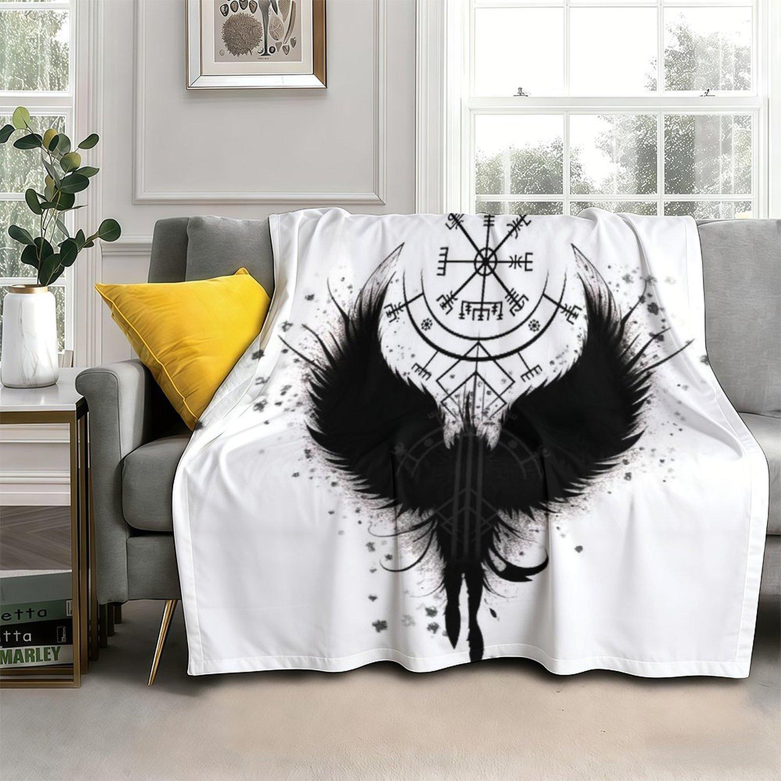 Viking Vegvisir Raven Fleece Blanket, Norse Mythology Black Crow Wings Print Soft Cozy Throw, Gothic Pagan Witchy Home Decor Gift for Couch Bed