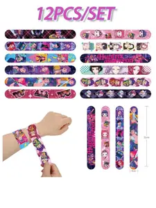 12-Piece Kpop Demon Slayer Women's Slap Bracelets, Stackable Bracelet, Rumi & Zoey Cartoon Buckle Bangles, Kids Fun Retro Toys, Perfect Birthday Party Gift