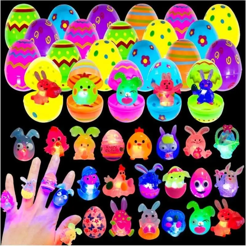 Halloween Gift 24 Pack Prefilled Easter Eggs with 3D Light-Up Finger Rings – Glow in the Dark Egg Fillers