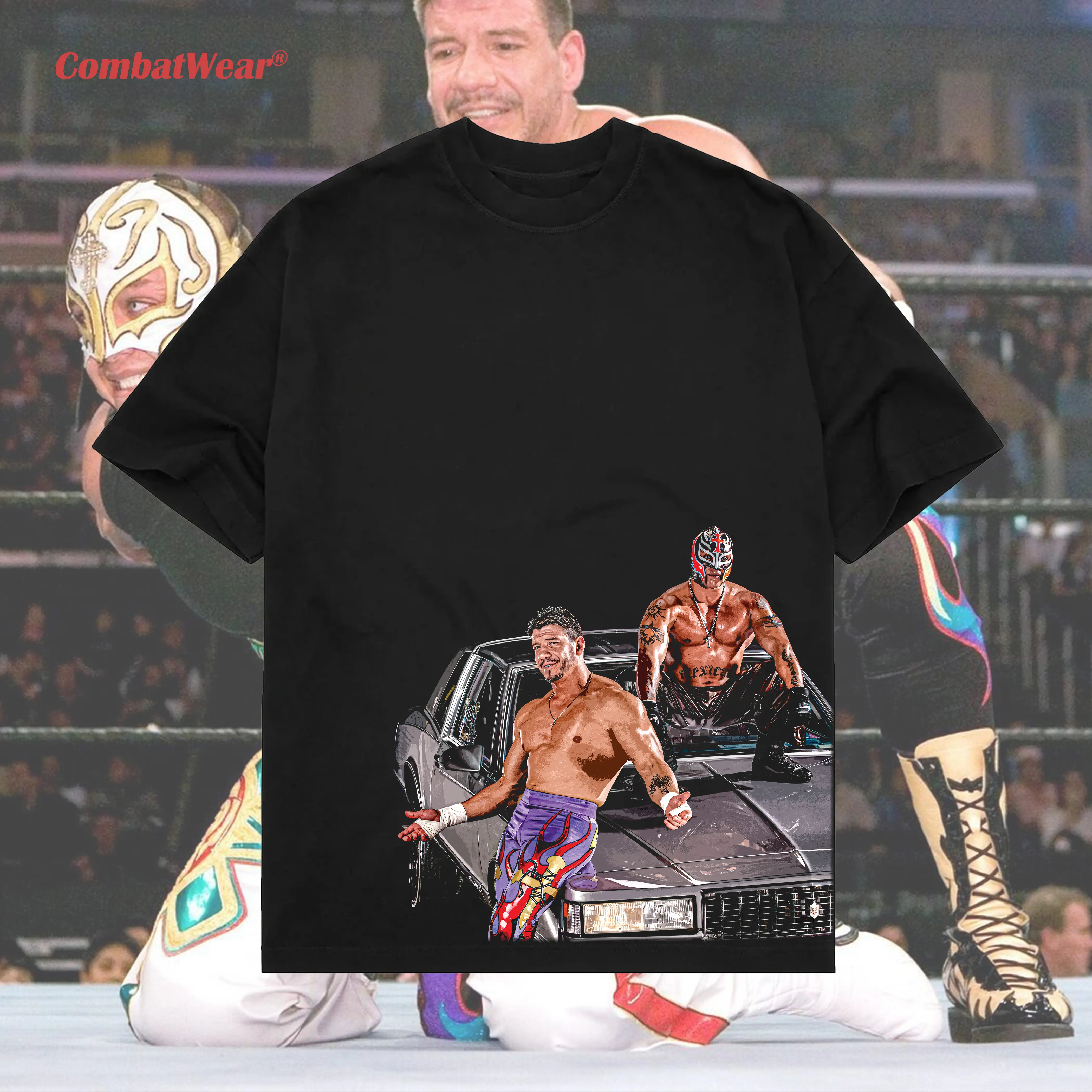 COMBATWEAR Eddie Guerrero & Rey Mysterio Iconic Heavy Cotton Unisex T-Shirt - Latino Heat 619 Luchador, Short Sleeve, Casual Street, Unisex Look, Lightweight, Breathable, Regular Fit, True To Size, Direct-To-Garment Print