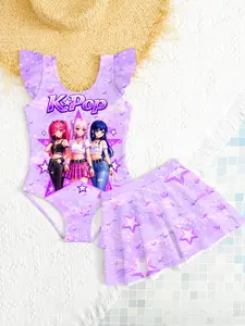 Kpop Girls Two-Piece Swimsuit, Cartoon Print Bikini, Summer Beach Vacation Swimwear, Cute Ruffle Swim Dress