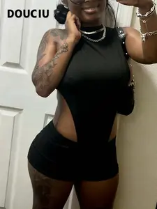 DOUCIU Solid Color Basic Style Simple Casual Versatile Tight-Fitting Shaping Bodysuit Sexy Hot Cool Street Style Women'S Thin Sleeveless Short Jumpsuit