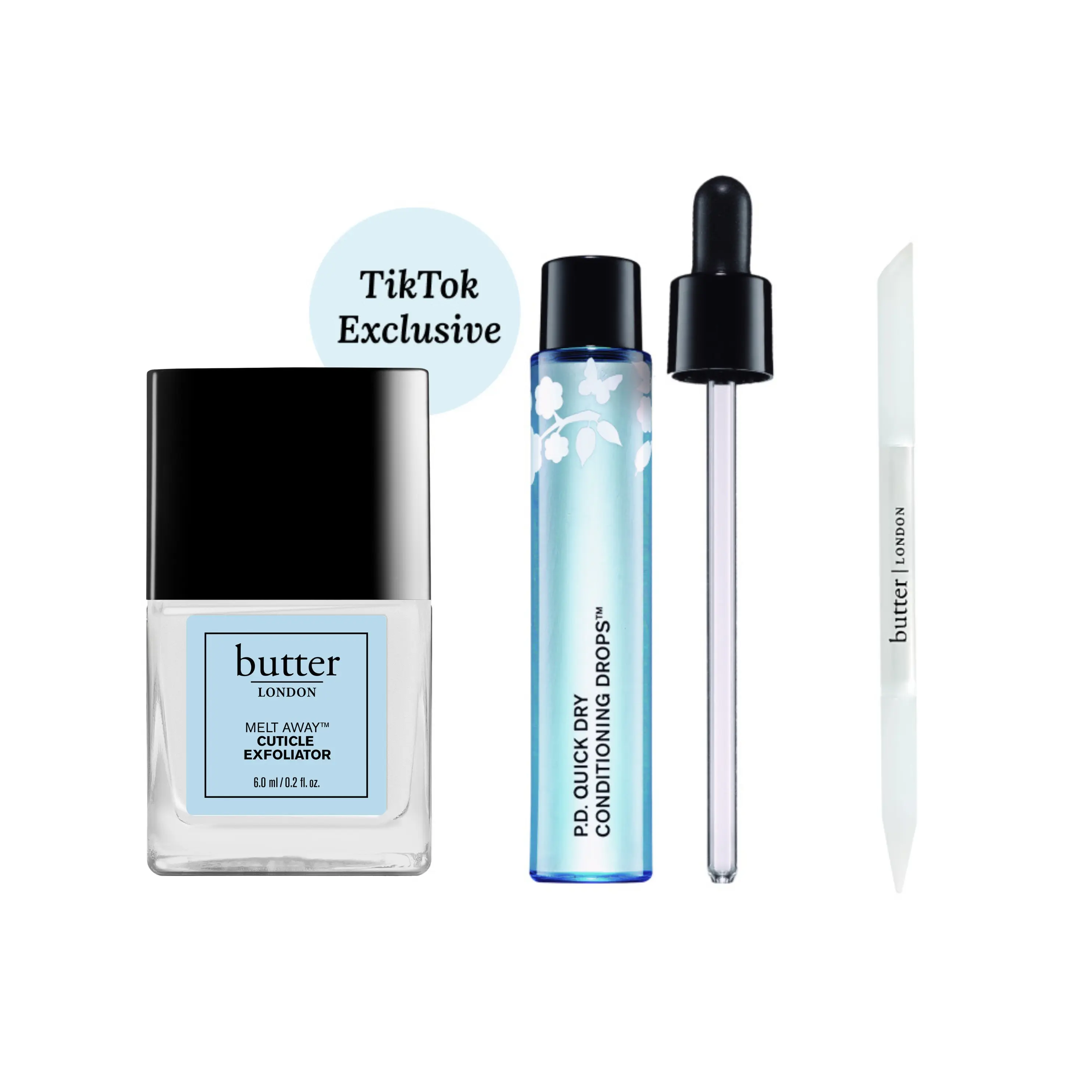 butter London Bye Bye Cuticle Trio Manicure Nail Clear - Quick Dry Conditioning Drops, Melt Away Cuticle Exfoliator, Signature 2-in-1 Glass Cuticle Pusher