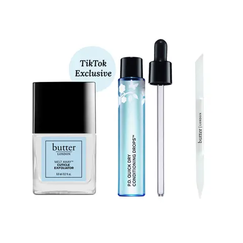 butter London Bye Bye Cuticle Trio Manicure Nail Clear - Quick Dry Conditioning Drops, Melt Away Cuticle Exfoliator, Signature 2-in-1 Glass Cuticle Pusher