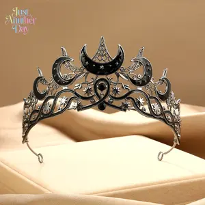 Gothic Moon Star Crown for Halloween Costume, Unisex Rhinestone Festive Headpiece for Witch Vampire Dark Fairy Role Play Party Decoration