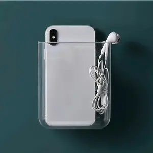 1pc Non-perforated Wall Shelves, Wall-Mounted Mobile Phone and Remote Control Storage Box - Clear Adhesive Organizer for Bedside Sundries