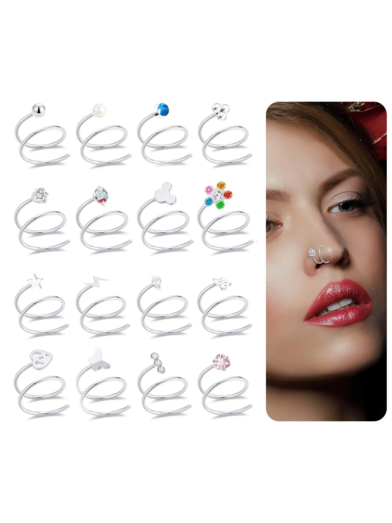 16Pcs Double Nose Ring Hoop for Single Piercing Butterfly Lightning Pearl Ball Snake Shiny CZ Twisted Double Hoop Earring for Women 20G Silver Gold Tone