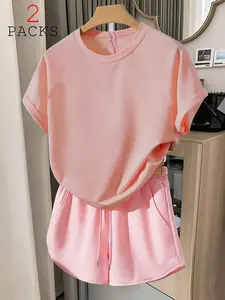 Spring Summer Home Outing Dual-Purpose Set, Skin-Friendly Breathable Milk Silk Fabric, Soft Cloudy Feel, Sweat-Resistant, Classic Round Neck, Womenswear