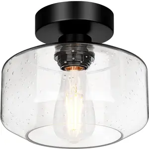 Industrial Semi Flush Mount Ceiling Light Brushed Nickel, 900 Lumen LED Bulb Included, Clear Glass Shade Ceiling Light Fixture, Farmhouse Light Fixture for Hallway Corridor Kitchen Bathroom Bedroom