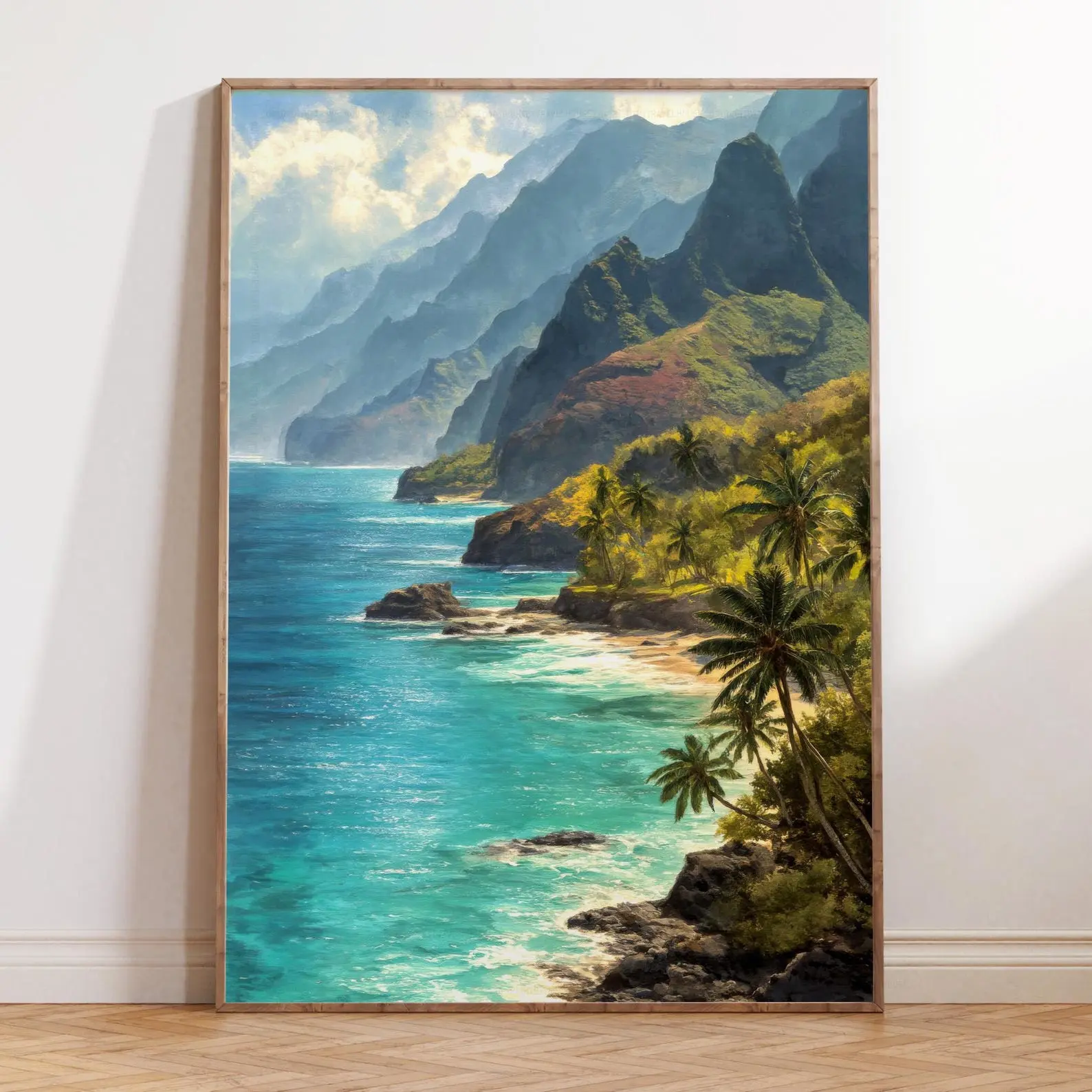 Kauai Coast Hawaii Watercolor Print – Tropical Ocean Cliff Wall Art, Na Pali Coast Painting, Pacific Island Travel Poster