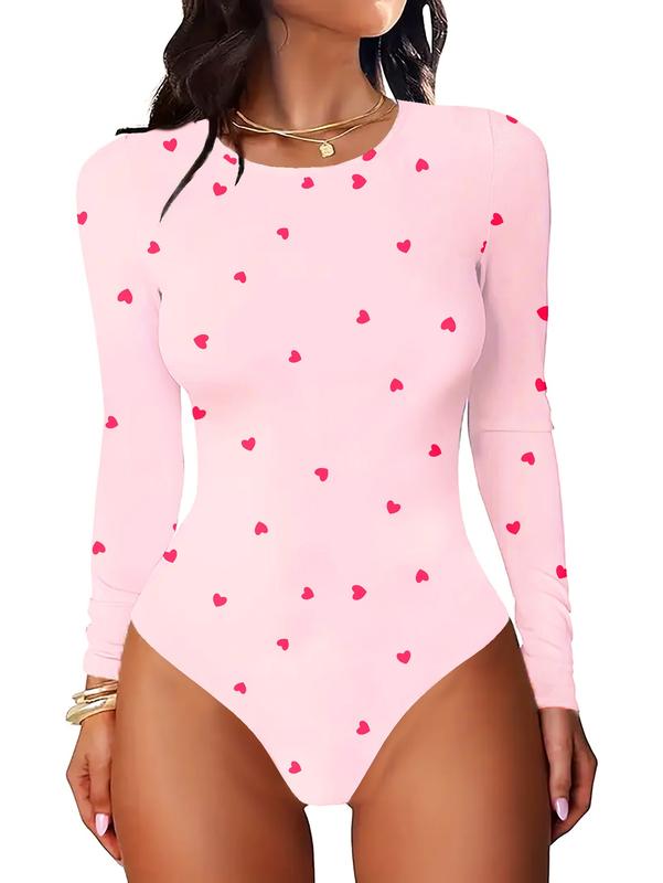 2026 Spring/Autumn New Women's Warm Bodycon Long Sleeve Top, Pink Heart Print Bodysuit with Round Neck, High Elasticity Slim-Fit Jumpsuit - Machine Washable, Suitable for Casual and Formal Occasions, Shaping Base Layer, Daily Wear Valentine's Day
